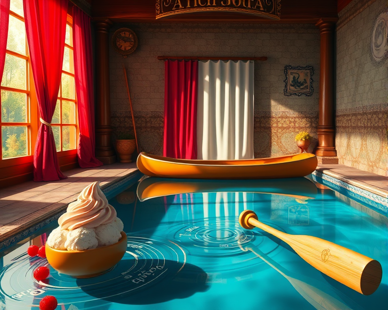 pool, ice cream, canoe, curtain, bat